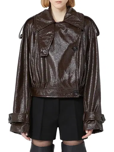 Sportmax Women's Short Trench Coat with Patent Leather Effect Runway - Coffee | Thumbnail 2