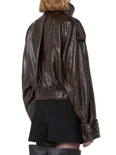 Sportmax Women's Short Trench Coat with Patent Leather Effect Runway - Coffee | Thumbnail 3