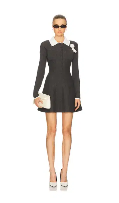 self-portrait Grey Crochet Flower Collared Knit Mini Dress | Thumbnail 1