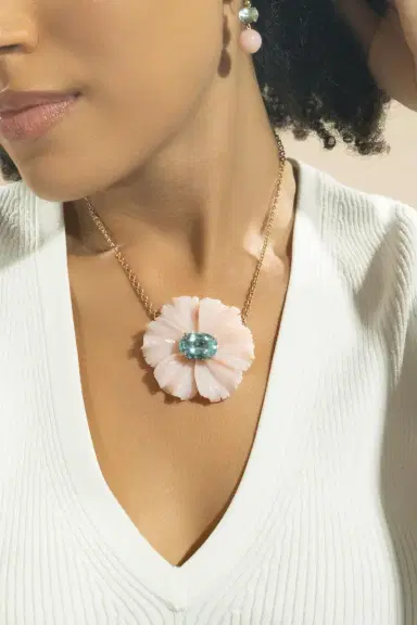 IRENE NEUWIRTH JEWELRY Aquamarine Pink Opal Tropical Flower Necklace | Thumbnail 2