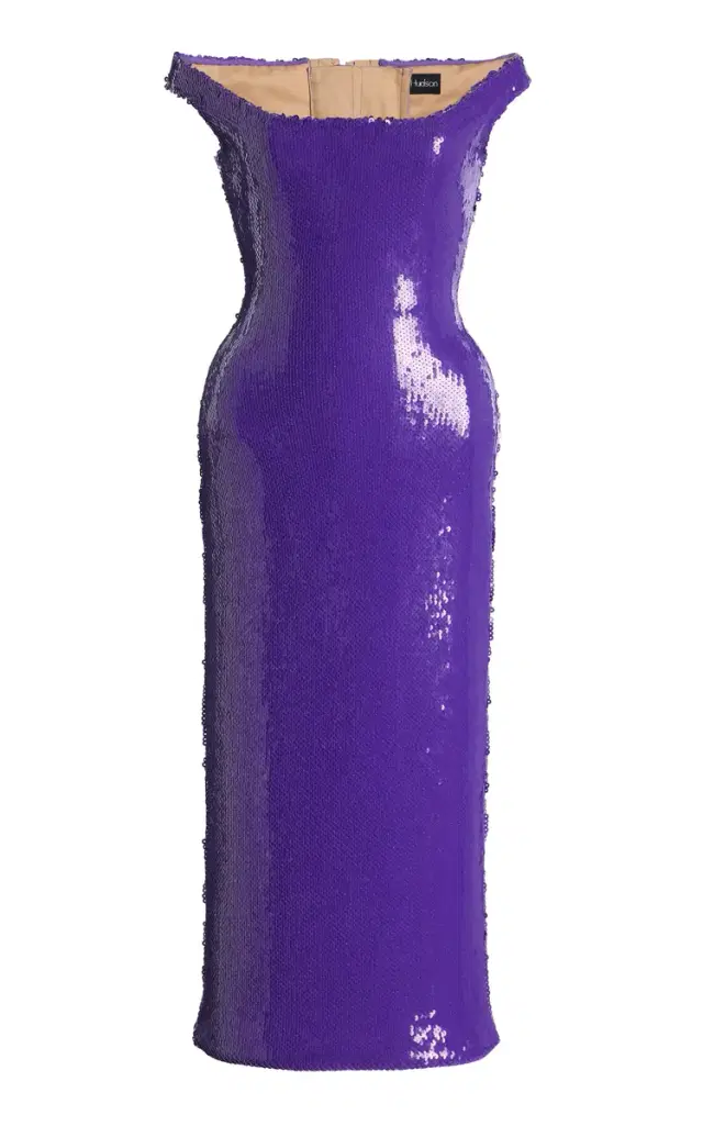 Off-The-Shoulder Corset Sequin Midi Dress - Purple