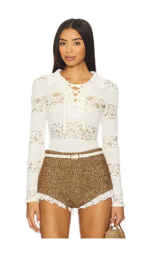 Yuhan Wang Collared Stripe Lace Polo Top