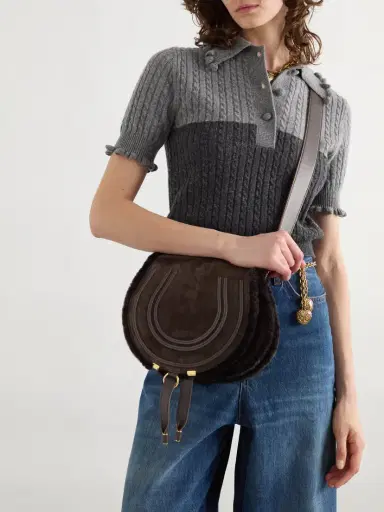 Chloé Marcie Leather-trimmed Suede And Shearling Shoulder Bag | Thumbnail 2 Chloé Marcie Leather-trimmed Suede And Shearling Shoulder Bag | Thumbnail 2