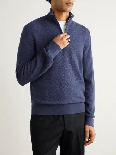 Zegna Oasi Leather-Trimmed Cashmere Half-Zip Sweater - Men | Thumbnail 3 Zegna Oasi Leather-Trimmed Cashmere Half-Zip Sweater - Men | Thumbnail 3