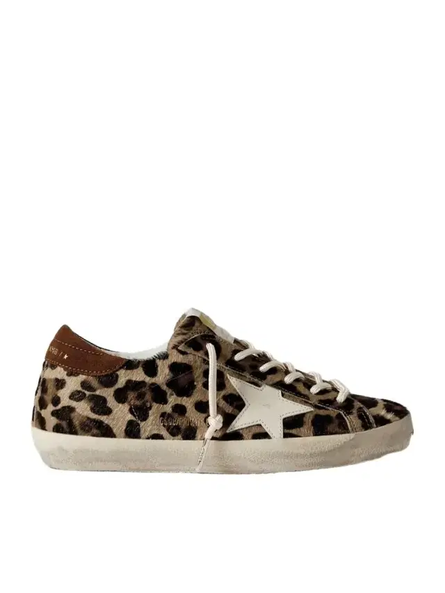 Super-star Distressed Leather And Suede-trimmed Leopard-print Calf Hair Sneakers