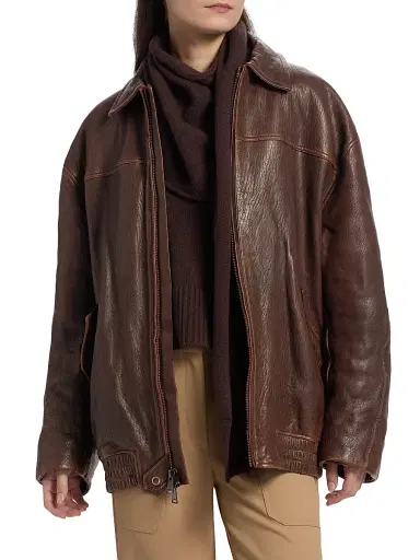 SIMKHAI Women's Huntington Leather Oversized Jacket - Distressed Chocolate | Thumbnail 3