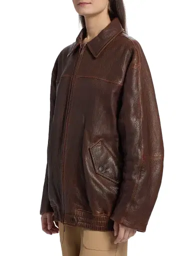 SIMKHAI Women's Huntington Leather Oversized Jacket - Distressed Chocolate | Thumbnail 4