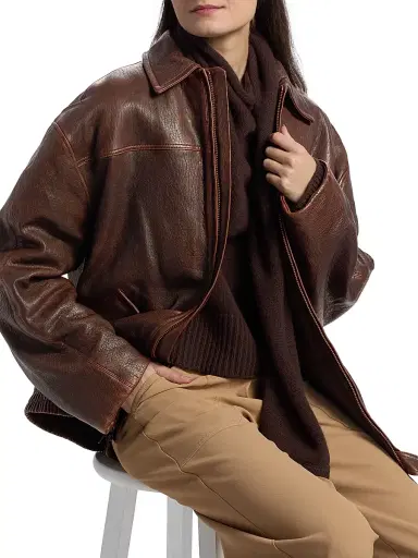 SIMKHAI Women's Huntington Leather Oversized Jacket - Distressed Chocolate | Thumbnail 6