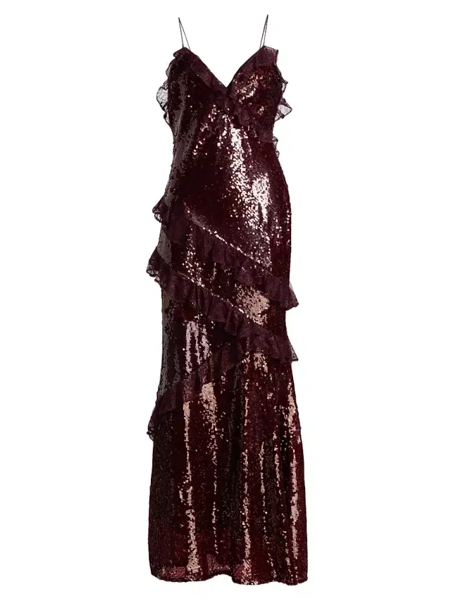 LoveShackFancy Women's Rialto Sequined Ruffled Maxi Dress - Bordeaux