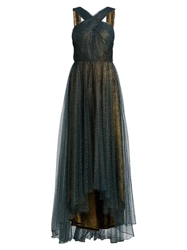 Theia Women's Linda Sunburst Pleated Lace High-Low Gown - Poseidon Gold