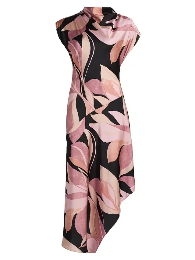 MISA Los Angeles Women's Sally Asymmetric Satin Midi-Dress - Moody Abstract Floral Stn