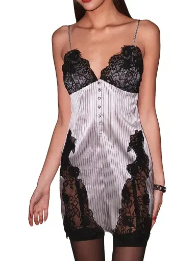 Fleur du Mal Women's Executive Silk & Lace Slip - Ash Pinstripe | Thumbnail 3 Fleur du Mal Women's Executive Silk & Lace Slip - Ash Pinstripe | Thumbnail 3