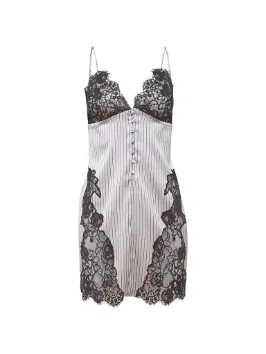 Fleur du Mal Women's Executive Silk & Lace Slip - Ash Pinstripe | Thumbnail 1 Fleur du Mal Women's Executive Silk & Lace Slip - Ash Pinstripe | Thumbnail 1