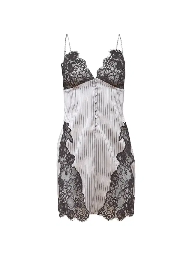 Fleur du Mal Women's Executive Silk & Lace Slip - Ash Pinstripe