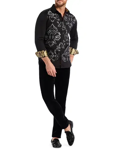 Robert Graham Men's Cheetah Embroidered Damask Button-Front Shirt - Black - Size Medium | Thumbnail 2