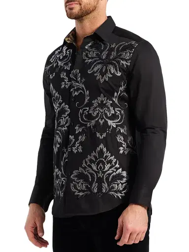 Robert Graham Men's Cheetah Embroidered Damask Button-Front Shirt - Black - Size Medium | Thumbnail 3