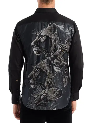 Robert Graham Men's Cheetah Embroidered Damask Button-Front Shirt - Black - Size Medium | Thumbnail 4