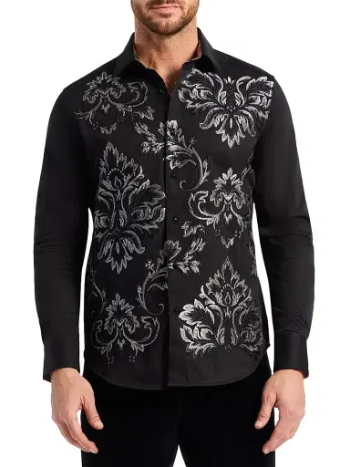Robert Graham Men's Cheetah Embroidered Damask Button-Front Shirt - Black - Size Medium | Thumbnail 1