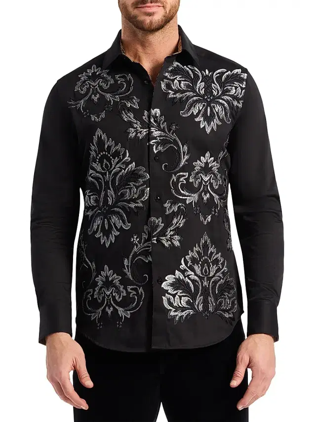 Men's Cheetah Embroidered Damask Button-Front Shirt - Black