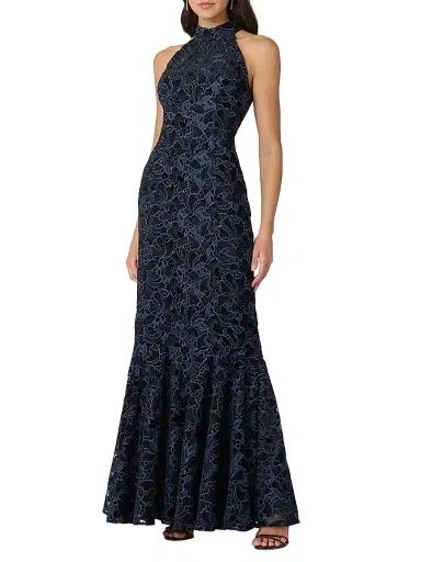 Shoshanna Women's Marcia Velvet Lace Halterneck Gown - Jet Blue | Thumbnail 2