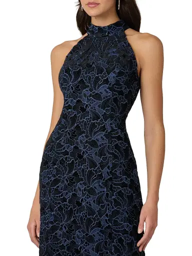 Shoshanna Women's Marcia Velvet Lace Halterneck Gown - Jet Blue | Thumbnail 4