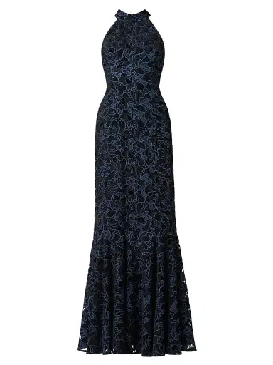 Shoshanna Women's Marcia Velvet Lace Halterneck Gown - Jet Blue | Thumbnail 1