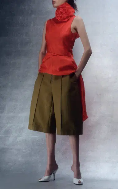 Christopher John Rogers Cotton Culotte Shorts - Olive | Thumbnail 2