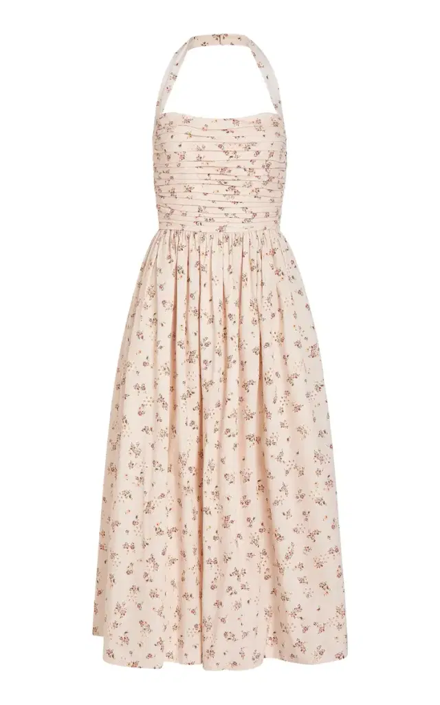 Leia Ruched Cotton Eyelet Midi Halter Dress