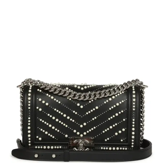 Chanel Chanel Medium Boy Bag Black Pearl Chevron Calfskin Silver Hardware