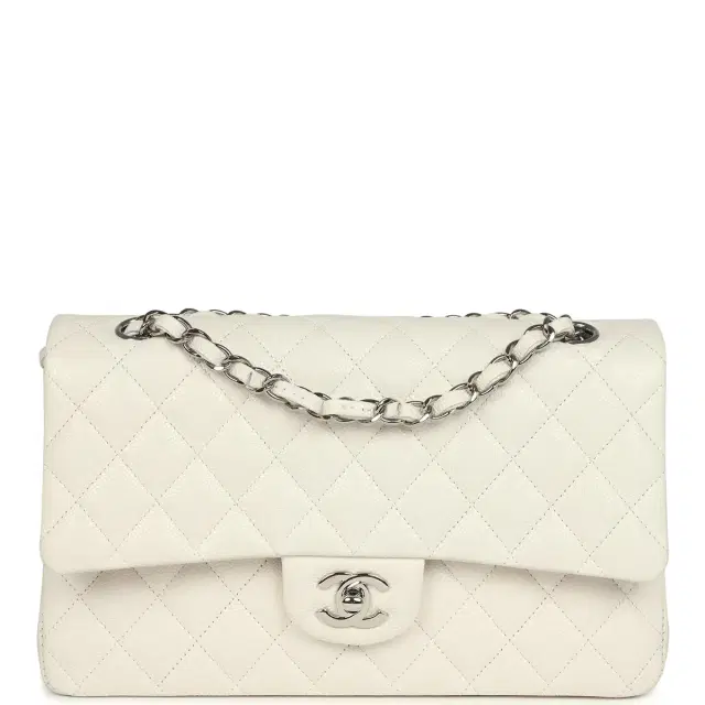 Chanel Pre-owned Chanel Medium Classic Double Flap White Shiny Caviar Silver Hardware