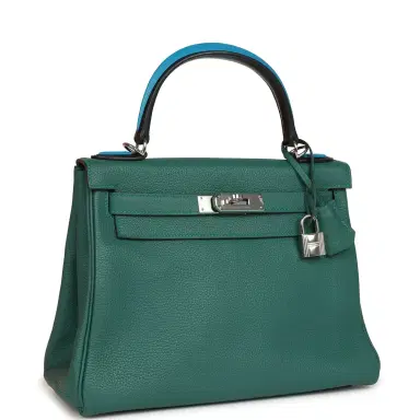 HERMÈS Pre-owned Hermes Au Pas Kelly Retourne 28 Malachite Togo, Black, Bleu Zanzibar Evercolor and Box Palladium Hardware | Thumbnail 2