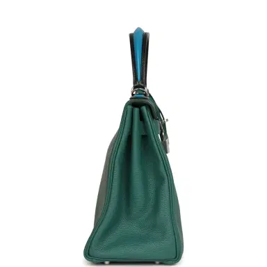 HERMÈS Pre-owned Hermes Au Pas Kelly Retourne 28 Malachite Togo, Black, Bleu Zanzibar Evercolor and Box Palladium Hardware | Thumbnail 3
