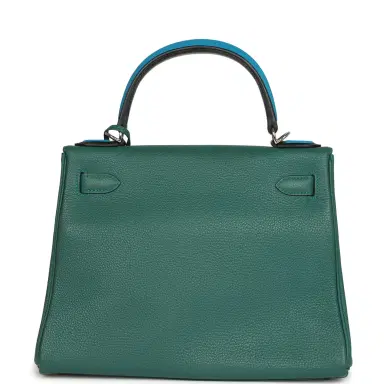 HERMÈS Pre-owned Hermes Au Pas Kelly Retourne 28 Malachite Togo, Black, Bleu Zanzibar Evercolor and Box Palladium Hardware | Thumbnail 4