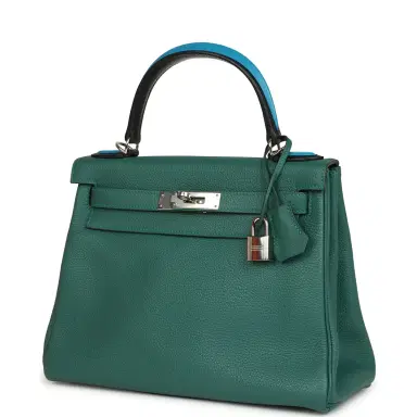HERMÈS Pre-owned Hermes Au Pas Kelly Retourne 28 Malachite Togo, Black, Bleu Zanzibar Evercolor and Box Palladium Hardware | Thumbnail 5