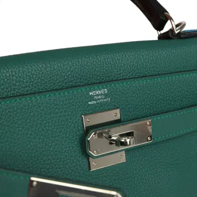 HERMÈS Pre-owned Hermes Au Pas Kelly Retourne 28 Malachite Togo, Black, Bleu Zanzibar Evercolor and Box Palladium Hardware | Thumbnail 7