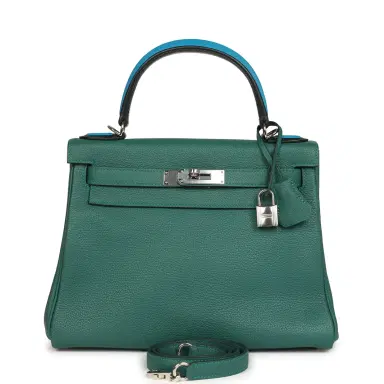 HERMÈS Pre-owned Hermes Au Pas Kelly Retourne 28 Malachite Togo, Black, Bleu Zanzibar Evercolor and Box Palladium Hardware | Thumbnail 1