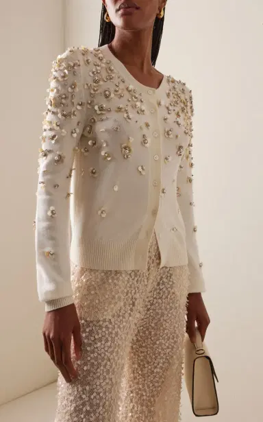 Oscar de la Renta Mother-of-Pearl Embellished Wool Cardigan | Thumbnail 3