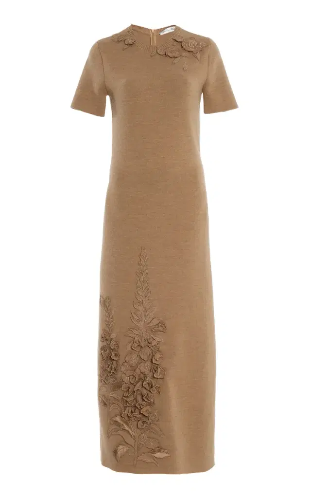 Foxglove-Embroidered Wool Midi Dress