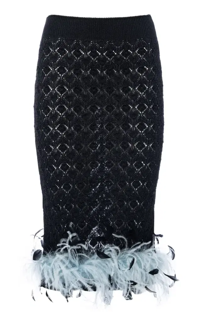 DES_PHEMMES Feather-Trimmed Knit Midi Tube Skirt