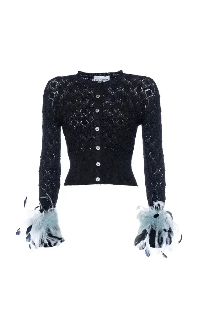 Feather-Trimmed Pointelle-Knit Cardigan