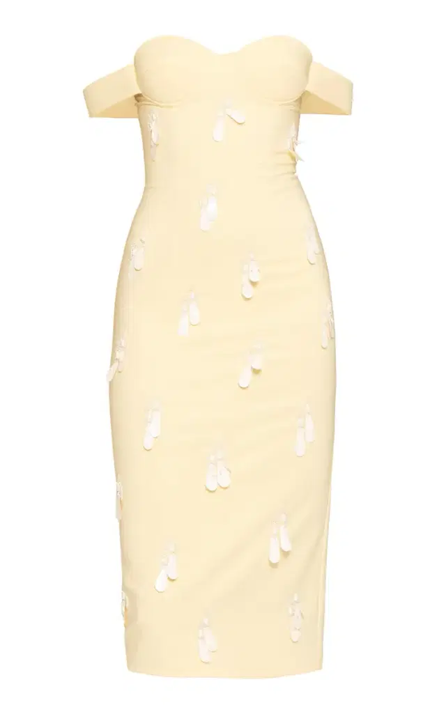 Bead-Embellished Off-The-Shoulder Midi Dress