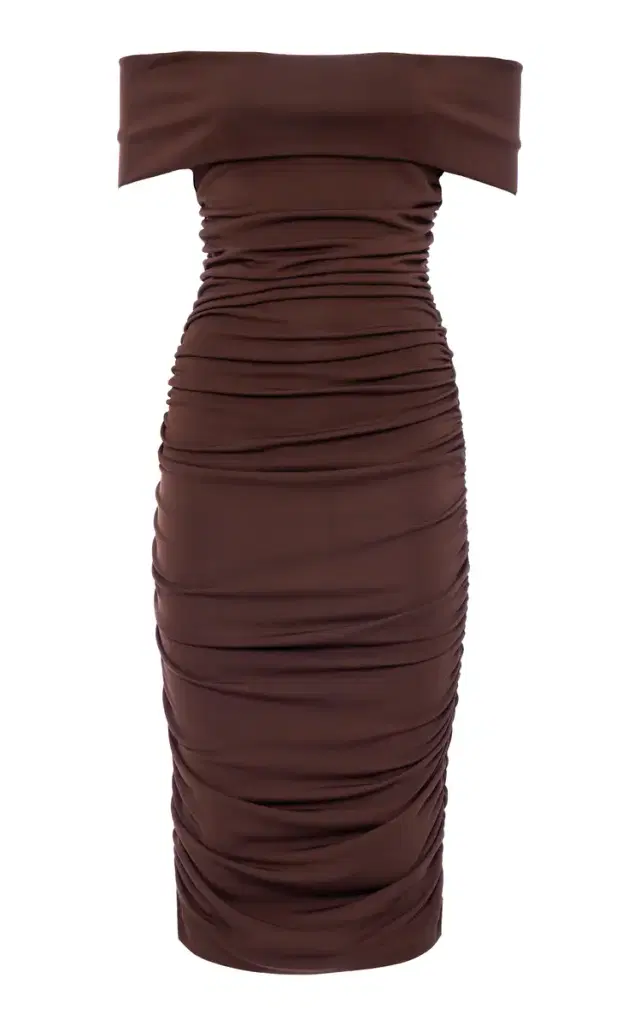 Off-The-Shoulder Ruched Midi Dress - Yellow