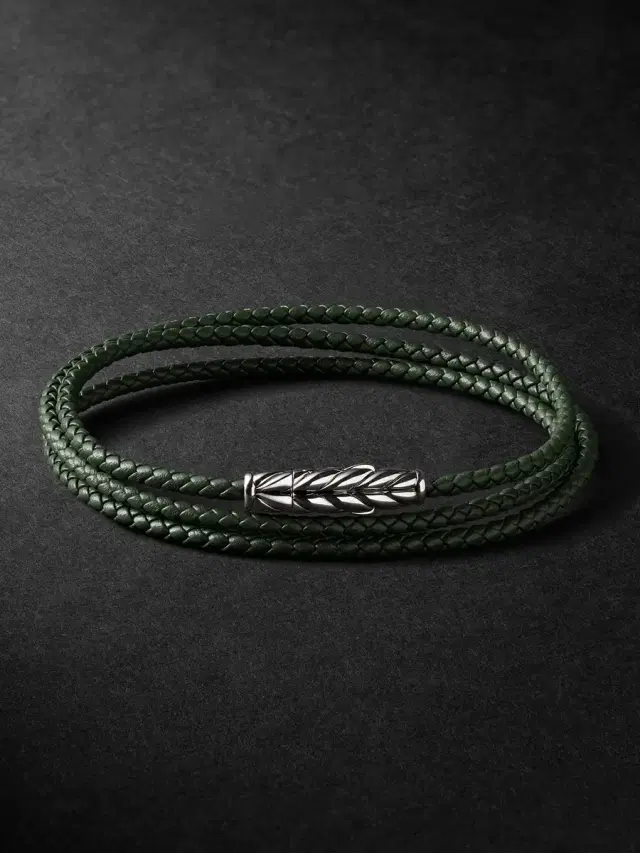 David Yurman Chevron Braided Leather and Sterling Silver Wrap Bracelet - Men