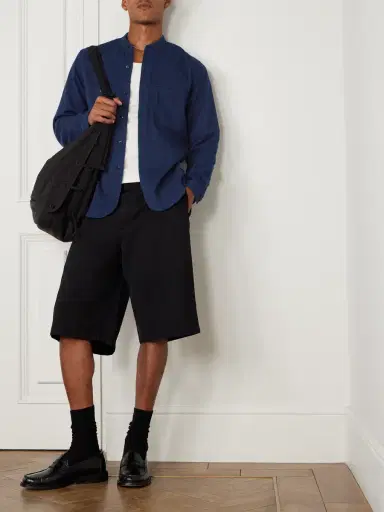 Blue Blue Japan Grandad-Collar Textured-Cotton Shirt - Men | Thumbnail 2