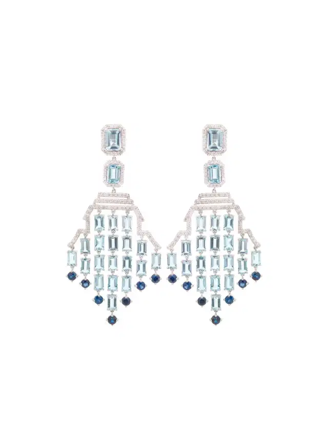 Wish Fine Jewelry 18.24ct Diamond Aquamarine Sapphire 18K Gold Chandelier Earrings