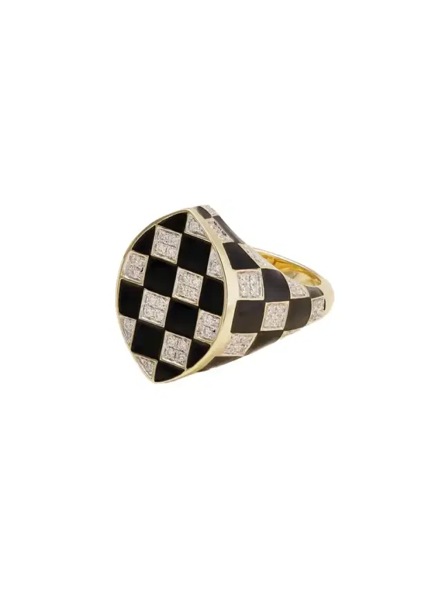 Yvonne Léon Chevalière Marquise Damier 9-karat Gold, Diamond And Enamel Ring