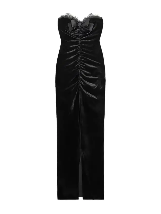 Sleveless Bow-embellished Gathered Lace-trimmed Velvet Gown