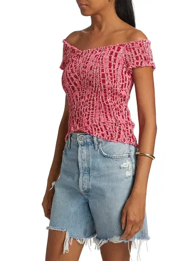 Poupette St Barth Women's Soledad Printed Smocked Off-The-Shoulder Top - Pink Kalina | Thumbnail 4 Poupette St Barth Women's Soledad Printed Smocked Off-The-Shoulder Top - Pink Kalina | Thumbnail 4