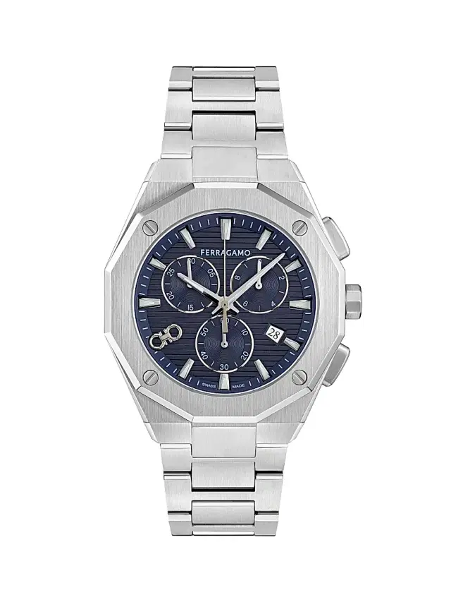 Men's Ferragamo Edge Chronograph Stainless Steel Bracelet Watch/42MM - Stainless Steel Blue Dial