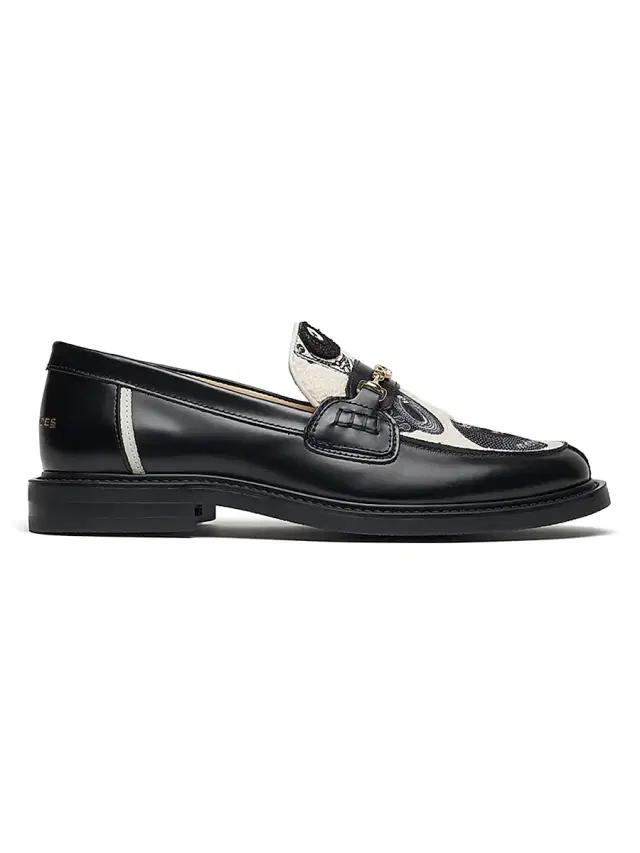 Men's Vinyl Embroidered Leather Loafers - Black